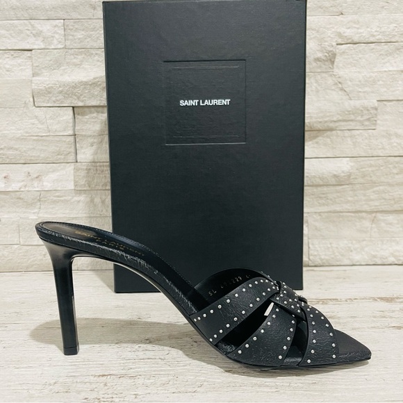 Saint Laurent Tribute Crackle Effect w/Studs Black Leather Stiletto Sandals Sz41 - Picture 9 of 16